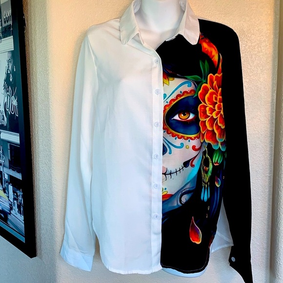 SUGAR SKULL Day of the Dead white buttondown blouse, iconic CATARINA face. M EUC - Picture 1 of 14